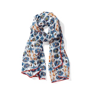 White, blue and Red Silk Scarf inspired by Ikat Traditional Patterns, 71 x 25 inches large shawl for women&#39;s, Hand Hemmed