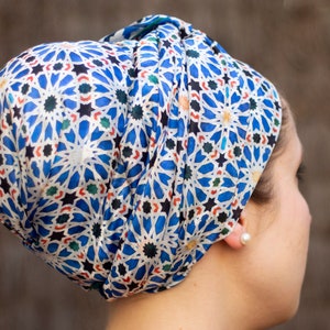 Silk head scarf for women, Geometric print hair wrap, Inspired by Moroccan tile art design, Alhambra of Granada Shawl, 71x25.5" large