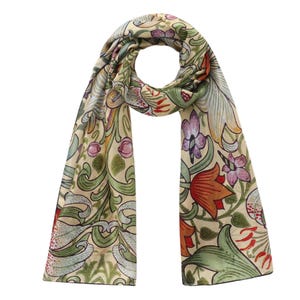 Silk Scarf William Morris Inspired Floral Print Habotai Silk Hand Rolled Edges Multicolor 180x65 cm