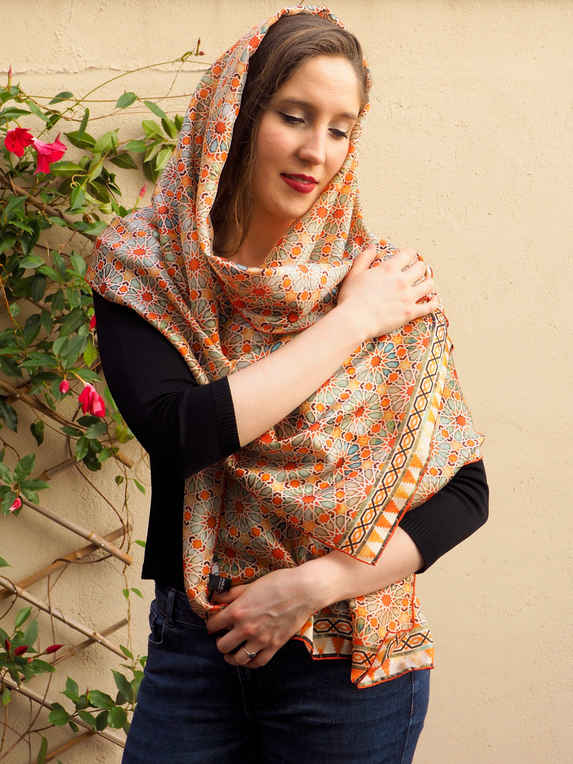 Silk Scarf for Hair, Large Head Scarf, Spanish Tile Print Head Wrap