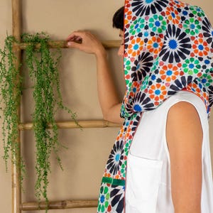 Alhambra tile inspired silk scarf, Multicolor silk headwrap for women, 71x25 inch oblong long shawl for her, Hand hemmed, Orange Green Black