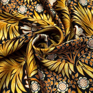 Floral Satin Silk Scarf for Women and Men – Hand Hemmed Elegant Shawl Wrap with Black and Gold Details – Art Nouveau Inspired Print