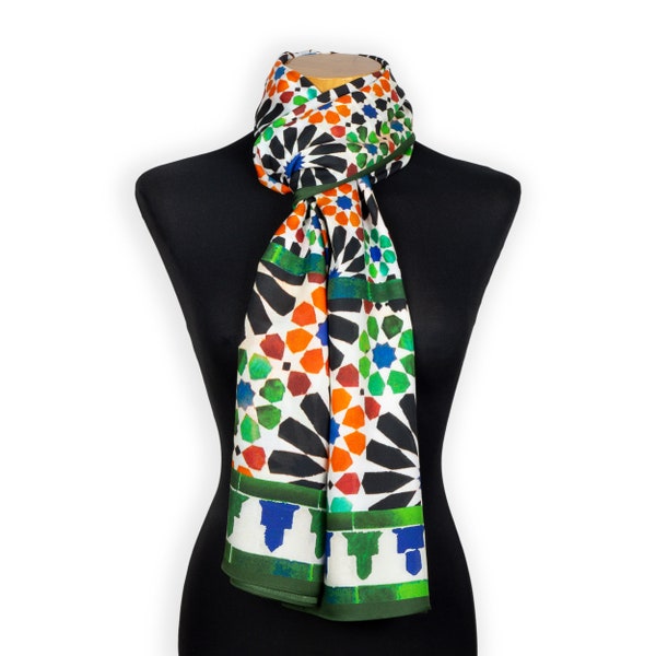 Islamic Art Inspired Scarf, Large Shawl with Geometric Print Featuring Mosaic Tiles from The Alhambra of Granada, Modal Fabric