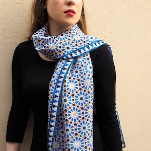 Silk scarf for women inspired by moroccan tiles, 71x25 large Head Scarf, and wrap, Islamic art geometry, silk hair wrap, Women's neck scarf