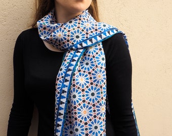 Blue and white Silk scarf for women inspired by moroccan tiles, 71x25 large Head Scarf, Islamic art geometry, silk hair wrap or neck scarf