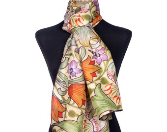 Foulard en soie fine art avec imprimé floral inspiré des carreaux art déco, grand foulard pour lui et elle, cadeau de retraite pour femme, 71x25 pouces grand