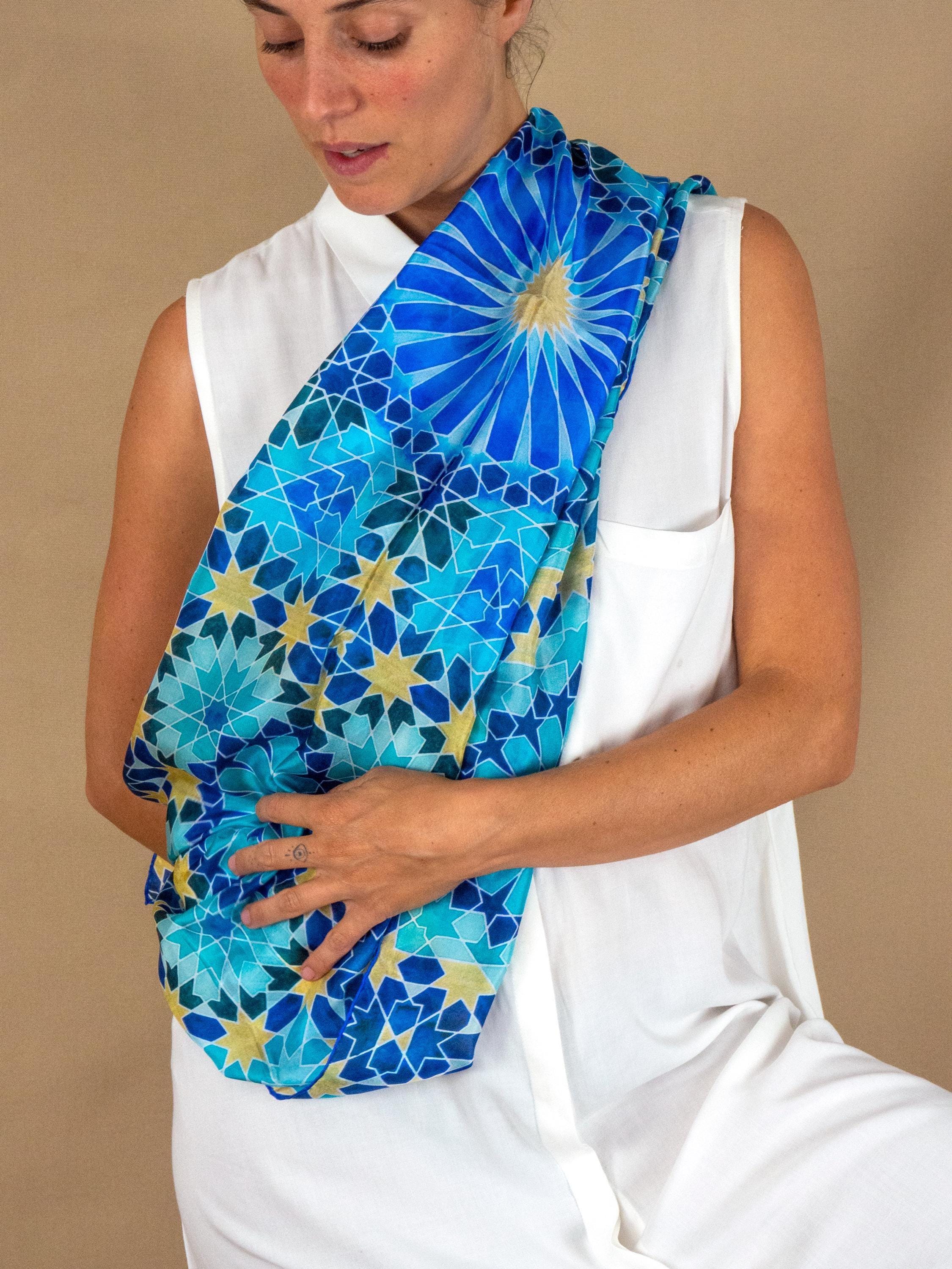 Blue silk scarf with gold details inspired by Islamic art geometric patterns from the Alhambra of Granada, 25x71 inch large, 100% Pure Silk