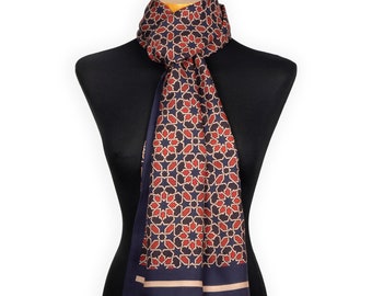 Navy blue and red neck scarf featuring geometric print inspired by islamic art mosaic tiles, 180 x 65 cm large shawl, 100% Modal fabric