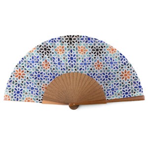 Handgefertigter Seidenfächer mit Multicolor-Mosaik-Design - Bocapi-Holz, Kunsthandwerk, 23 cm großer Faltfächer, Geschenkbox inklusive