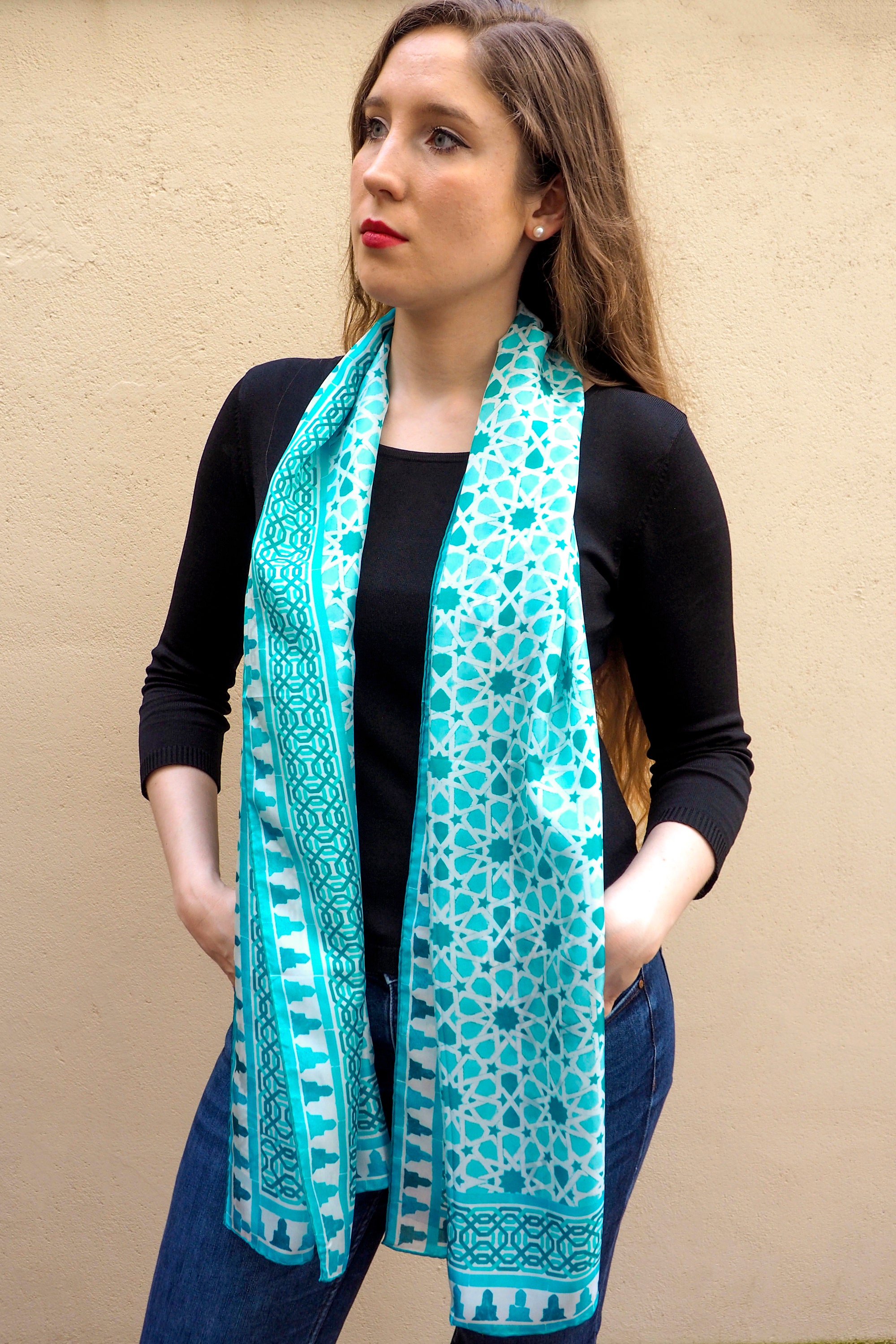 Light Blue Silk Scarf With Spanish Tile Print 100% Silk Shawl - Etsy