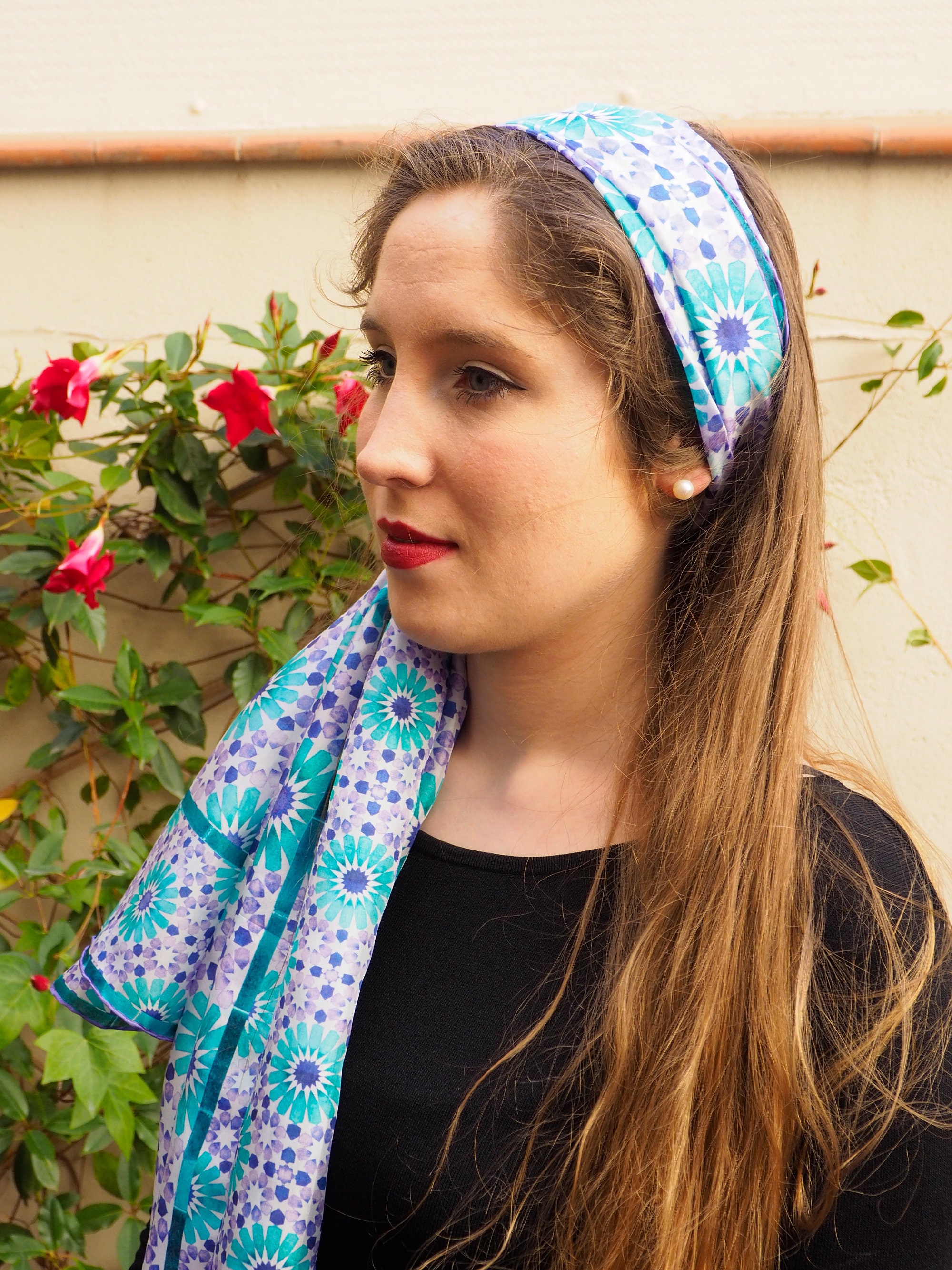100 Silk head scarf for women inspired by Spanish tile art Etsy
