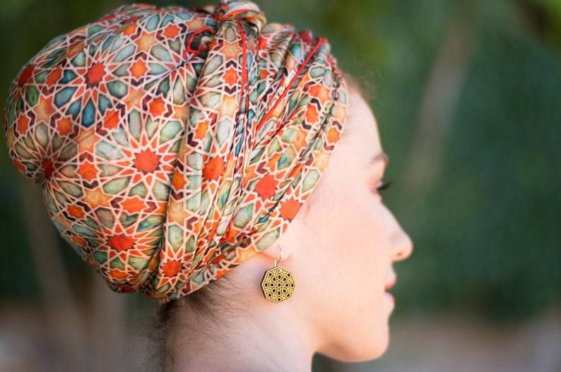 Silk Scarf for Hair, Large Head Scarf, Spanish Tile Print Head Wrap