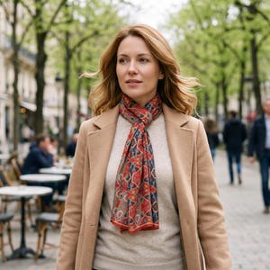 Könnte beinhalten: Ein beigefarbener Wollmantel über einem cremefarbenen Pullover mit einem langen Schal, der ein sich wiederholendes geometrisches Muster in Rot-, Blau- und Cremetönen aufweist. Der Schal ist einfach um den Hals geknotet und fällt vorne herab.