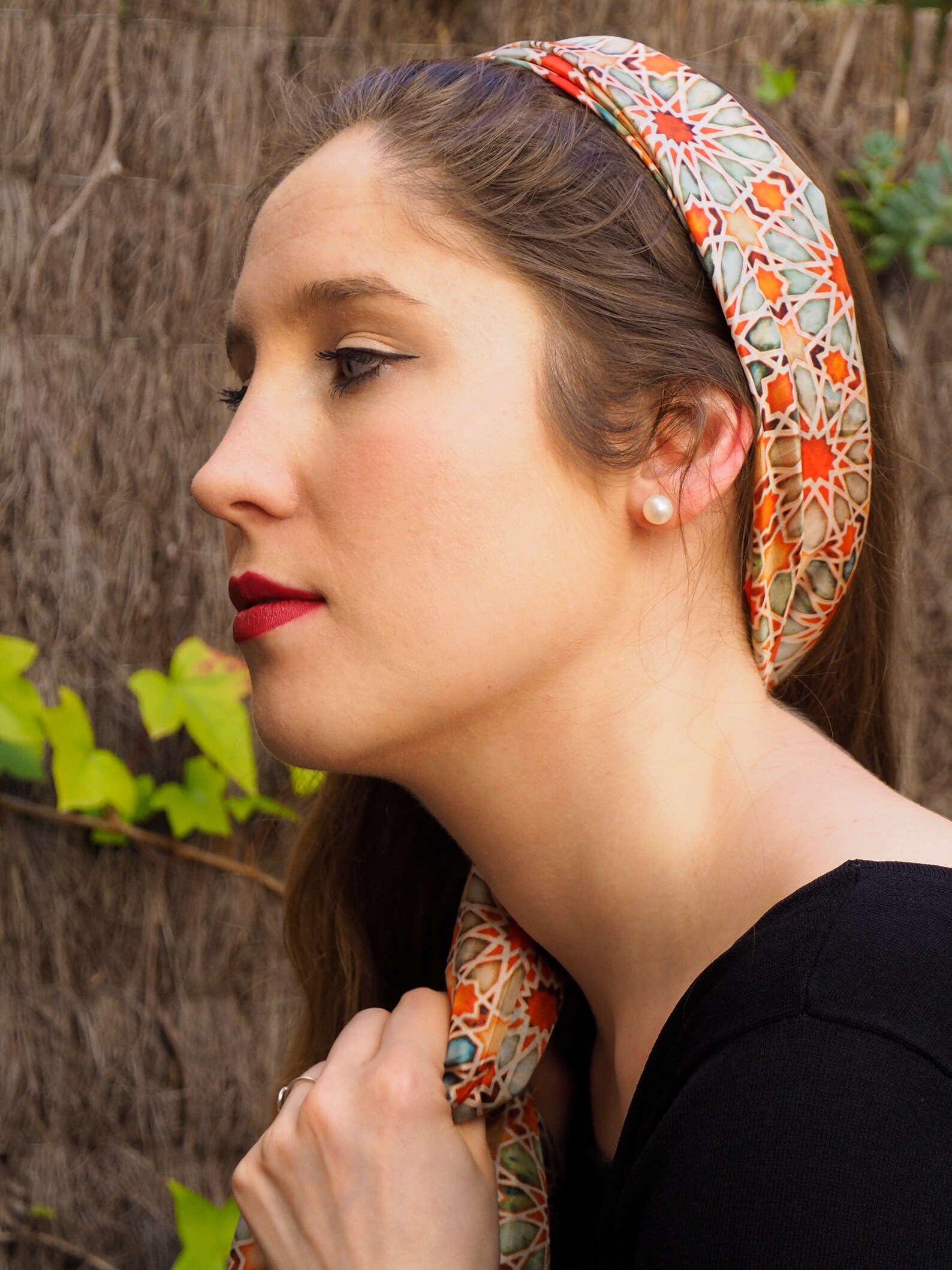Silk Scarf for Hair, Large Head Scarf, Spanish Tile Print Head Wrap