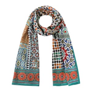 Colorful scarf featuring a collage of Islamic art mosaic tiles from Morocco, Long foulard inspired by moorish art, 100% modal, Vegan scarf