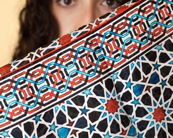 Habotai silk scarf with Islamic Geometry Print, Head scarf wrap for women inspired by Alhambra Palace, 71x25 inch large pashmina