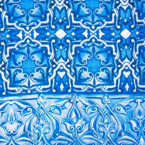 Foulard en soie pour femme, bandeau d'art en mosaïque marocaine, grand châle 71x25, foulard en soie, enveloppement de cheveux bleu, foulard en soie, ourlé à la main image 3