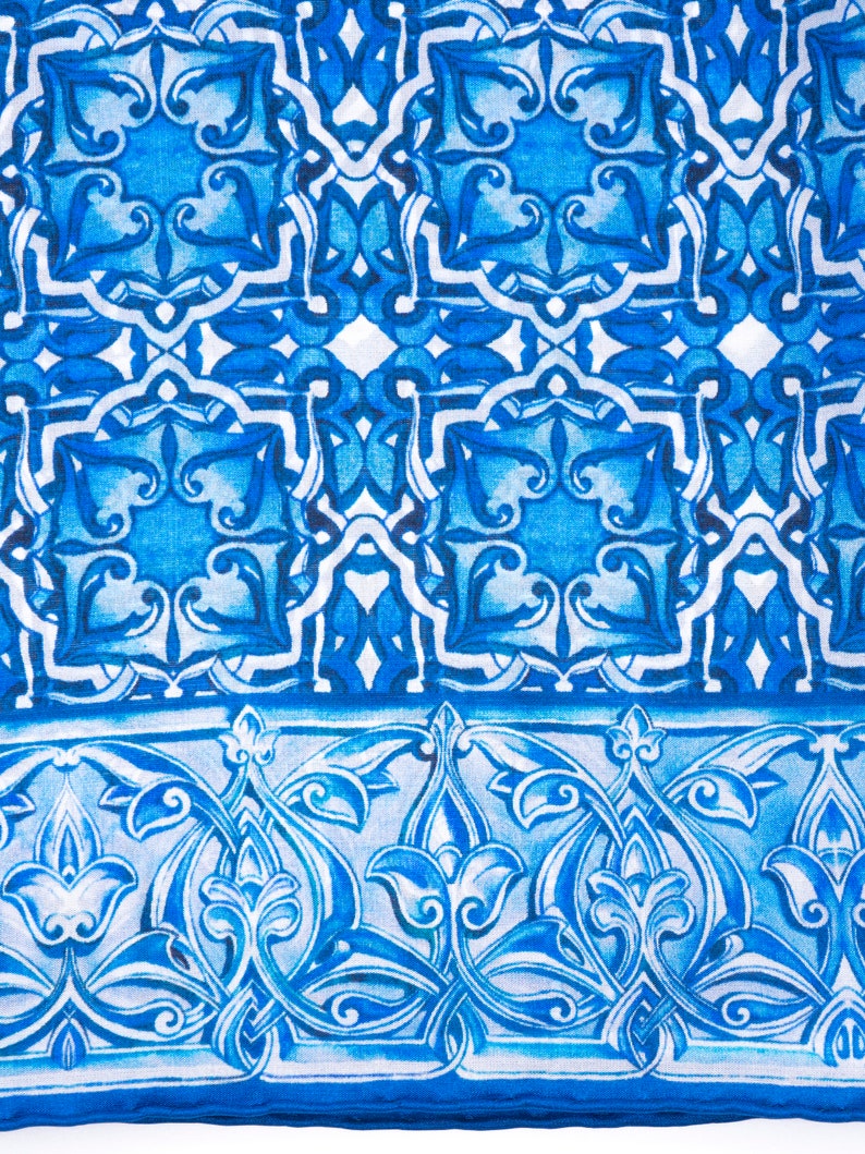 Foulard en soie pour femme, bandeau d'art en mosaïque marocaine, grand châle 71x25, foulard en soie, enveloppement de cheveux bleu, foulard en soie, ourlé à la main image 3