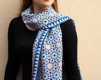 Womens Silk Scarf inspired by Moroccan Tiles, Alhambra Palace Print Blue Large Shawl, Habotai Silk, 180x65 cm