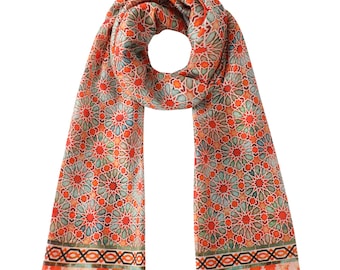 Silk Scarf with Islamic Geometry Orange and Green Print | Hand-Hemmed 100% Silk Shawl | Large Neck Scarf or Womens | 71x25.5 inch
