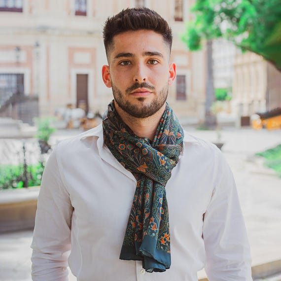 Mens Silk Scarf Navy Blue Art Deco Print, Large Elegant Foulard for Him, Art Scarf Shawl 180 x 65 cm, Hand Hemmed