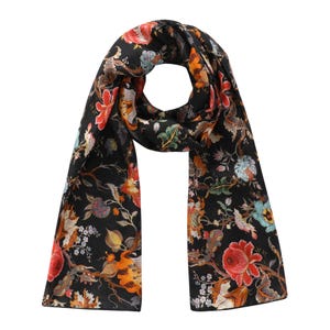 William Morris Inspired Silk Scarf, Black Floral Print, Hand Hemmed Habotai Silk, Arts & Crafts Design, 180 x 65 cm, Luxury Accessories