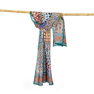 Moroccan Print Scarf with Islamic Geometry Print, Colorful Modal Hijab, Long Neck Scarf Inspired by Moorish Tiles Art, Stylish Long Shawl