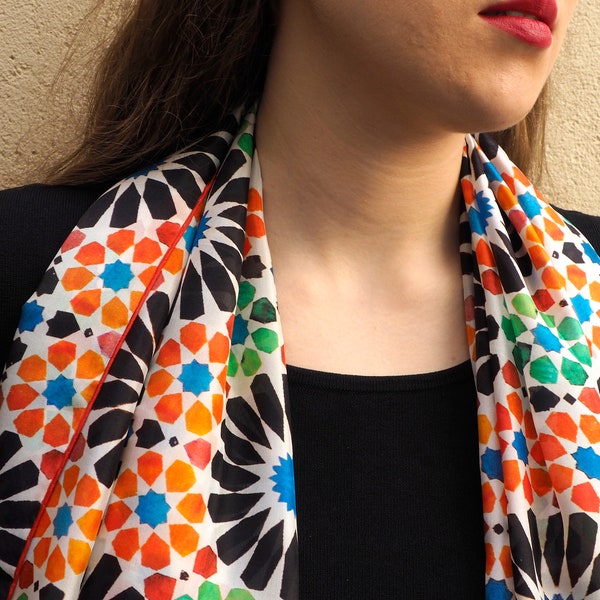 Silk printed scarf with geometric pattern from the Alhambra of Granada, 71x25 inch large neck wrap scarf, Arabic pattern shawl for womens