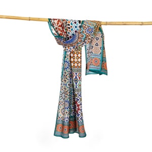 Moroccan Print Scarf with Mosaic Tiles, Colorful Foulard Hijab, 100% Modal, Vegan Scarf Inspired by Muslim Art, Stylish Long Shawl