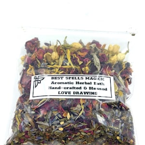May include: A clear plastic bag filled with dried herbs and flowers. The mix includes red rose petals, lavender, and yellow blossoms. A white label reads "BEST SPELLS MAGICK, Aromatic Herbal Bath, Hand-crafted & Blessed, LOVE DRAWING."