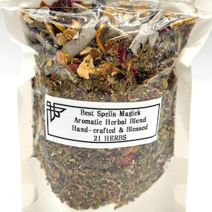 May include: A clear plastic bag filled with a blend of dried herbs, flowers, and spices. The bag has a white label with the text "Best Spells Magick Aromatic Herbal Blend Hand-crafted & Blessed 21 HERBS". The contents are a mix of green, brown, red, and yellow.