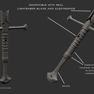 May include: A 3D printed lightsaber hilt with a crossguard design. The hilt is gray and has a textured surface. The hilt is engraved with the words "May the Force be with you" in Elvish. The hilt is compatible with real lightsaber blades and electronics.