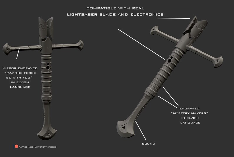 May include: A 3D printed lightsaber hilt with a crossguard design. The hilt is gray and has a textured surface. The hilt is engraved with the words "May the Force be with you" in Elvish. The hilt is compatible with real lightsaber blades and electronics.