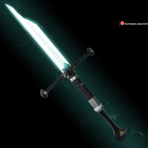 May include: A glowing blue sword with a black handle and gold accents. The blade is illuminated with a bright blue light.