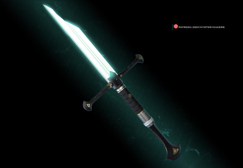 May include: A glowing blue sword with a black handle and gold accents. The blade is illuminated with a bright blue light.
