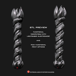 May include: Four views of a dark grey 3D-rendered lightsaber hilt design. The hilt has a textured, twisted grip and a claw-like emitter. Text reads "STL PREVIEW" and details about functionality and print options.
