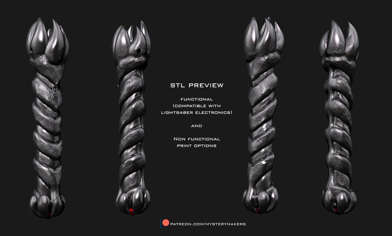 May include: Four views of a dark grey 3D-rendered lightsaber hilt design. The hilt has a textured, twisted grip and a claw-like emitter. Text reads "STL PREVIEW" and details about functionality and print options.