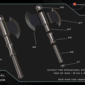 May include: A silver axe with a segmented handle, disassembled into its component parts. The axe is labeled with numbers 81-87, indicating the order of assembly. The text "CUTOUT FOR STRUCTURAL STRENGTH FOR ROD OF SIZE: 8 MM X 480 MM" and "5X5 PINS FOR ASSEMBLY" is also visible.