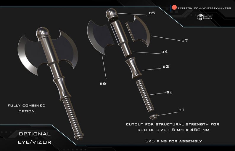 May include: A silver axe with a segmented handle, disassembled into its component parts. The axe is labeled with numbers 81-87, indicating the order of assembly. The text "CUTOUT FOR STRUCTURAL STRENGTH FOR ROD OF SIZE: 8 MM X 480 MM" and "5X5 PINS FOR ASSEMBLY" is also visible.