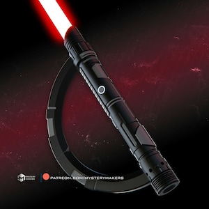 May include: A black lightsaber with a red blade, the lightsaber is on a black stand with a silver ring around it. The background is a dark red with white speckles.