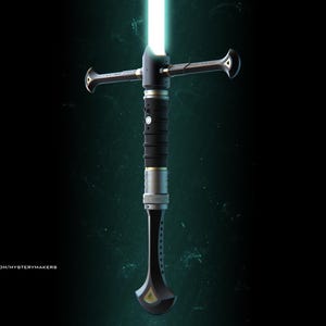 May include: A black and silver lightsaber with a teal blade. The lightsaber has a crossguard and a unique, curved hilt.