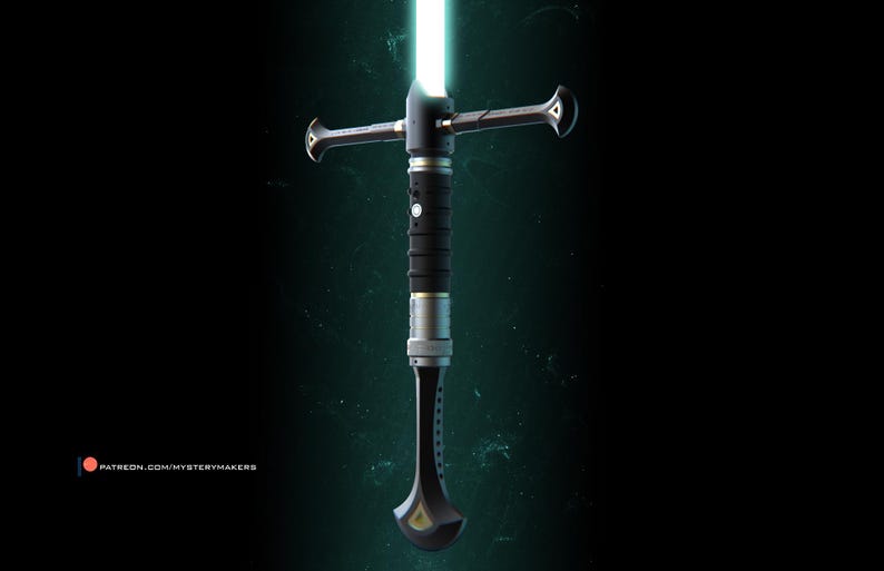 May include: A black and silver lightsaber with a teal blade. The lightsaber has a crossguard and a unique, curved hilt.