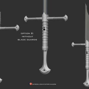 May include: Three different 3D printed sword designs. The first sword has a blade guard, the second sword does not have a blade guard, and the third sword has a broken blade. The text on the image reads: "Option 1: With Blade Guards", "Option 2: Without Blade Guards", and "Option 3: Broken Blade (Print in clear filament to get the blade to glow)"