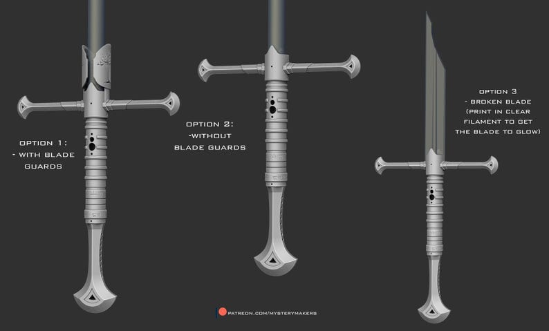 May include: Three different 3D printed sword designs. The first sword has a blade guard, the second sword does not have a blade guard, and the third sword has a broken blade. The text on the image reads: "Option 1: With Blade Guards", "Option 2: Without Blade Guards", and "Option 3: Broken Blade (Print in clear filament to get the blade to glow)"