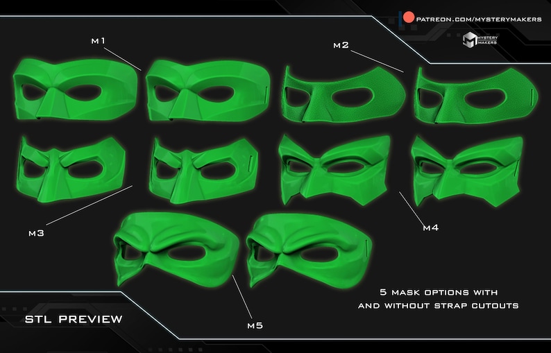 Pu&ograve; includere: Una collezione di cinque opzioni di maschere verdi, ognuna con design e varianti uniche. L'immagine include il testo "STL PREVIEW" e "5 MASK OPTIONS WITH AND WITHOUT STRAP CUTOUTS". Le maschere sono mostrate su uno sfondo scuro.