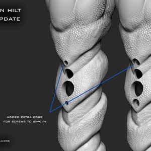 May include: A 3D render of two grey, textured, twisted columns with three circular holes. The text "DARTH TALON HILT OPTIONAL UPDATE" is at the top. The text "ADDED EXTRA EDGE FOR SCREWS TO SINK IN" is below a blue line. The Patreon logo is at the bottom.