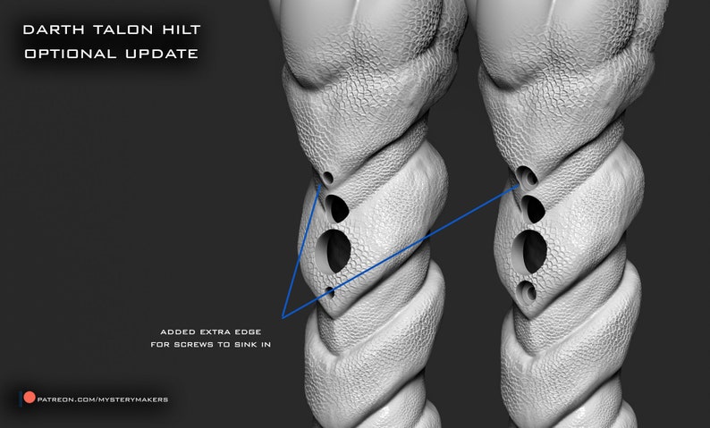 May include: A 3D render of two grey, textured, twisted columns with three circular holes. The text "DARTH TALON HILT OPTIONAL UPDATE" is at the top. The text "ADDED EXTRA EDGE FOR SCREWS TO SINK IN" is below a blue line. The Patreon logo is at the bottom.