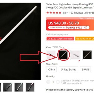 May include: A black lightsaber with a white blade, labeled "TS012 Black". The lightsaber has a 25mm opening at the handle. The image shows a close-up of the lightsaber and a product listing for the lightsaber on a website.