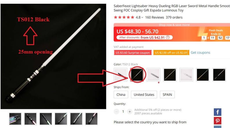 May include: A black lightsaber with a white blade, labeled "TS012 Black". The lightsaber has a 25mm opening at the handle. The image shows a close-up of the lightsaber and a product listing for the lightsaber on a website.