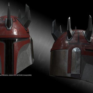 Puede incluir: Imagen en dos vistas de un casco rojo y gris con protuberancias negras angulares. El dise&ntilde;o es futurista, con una visera y una forma distintiva. La imagen sugiere un tema de ciencia ficci&oacute;n, siendo el dise&ntilde;o del casco una caracter&iacute;stica clave.
